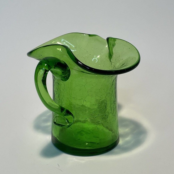 Vintage Glass Hand Blown Olive Green Crackle Small Glass Creamer Pitcher - Picture 3 of 8